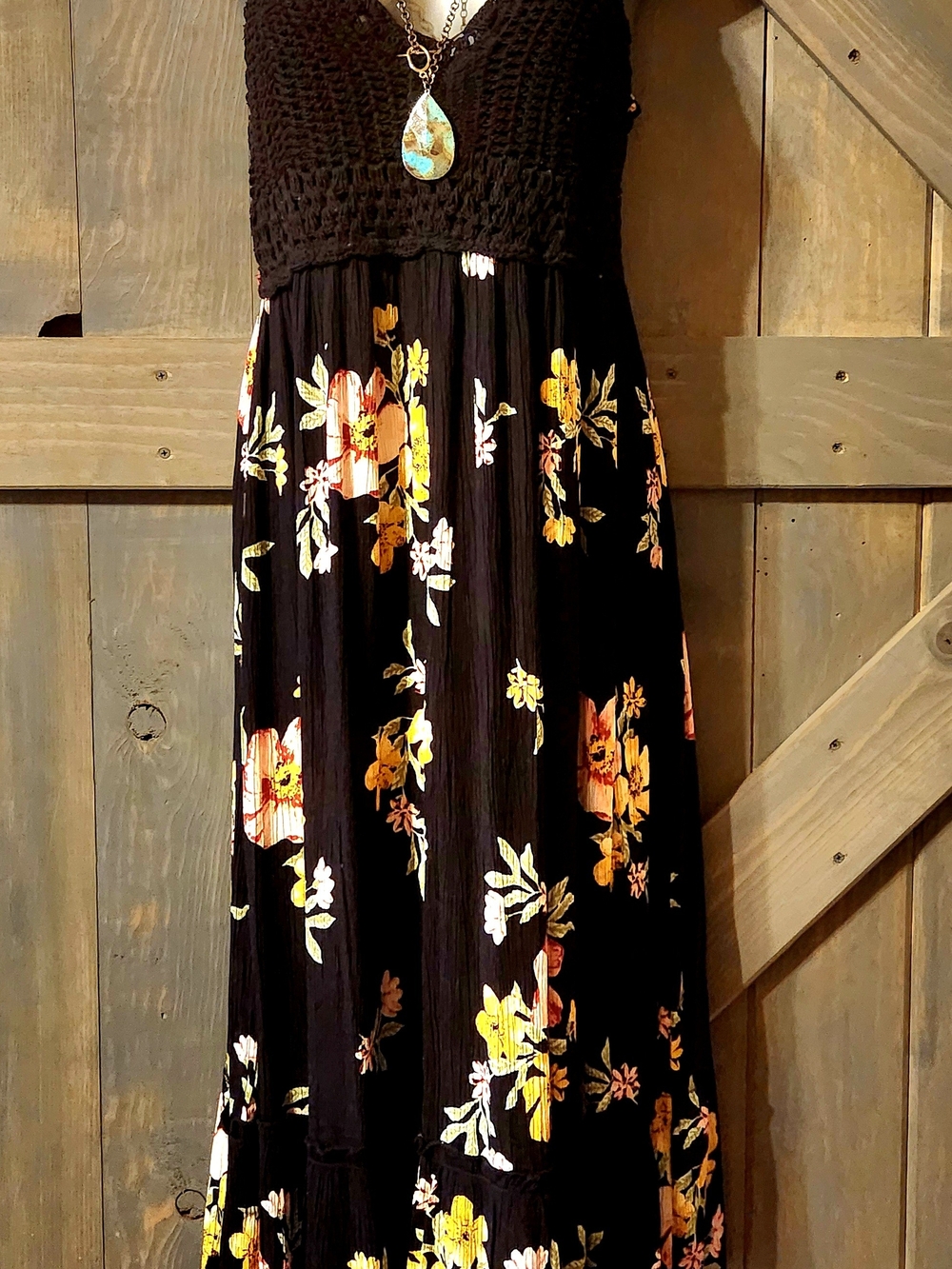 Black Floral Maxi Dress with Yellow Accent - Women's Summer Maxi